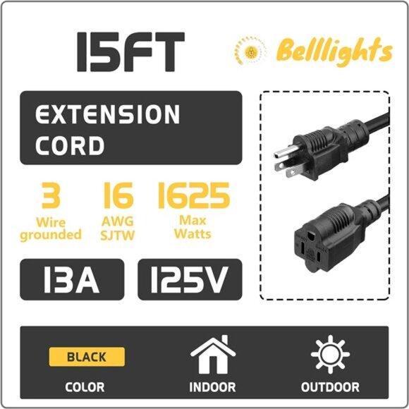 2-Pack 15ft Extension Cord Outdoor Belllights 16 SJTW AWG Heavy Duty Power Cord - Picture 3 of 7